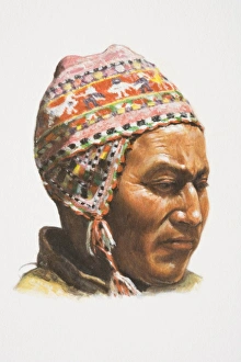 South America, head of highland Amerindian man in colourful woolen hat, side view South America, head of highland Amerindian man in colourful woolen hat, side view