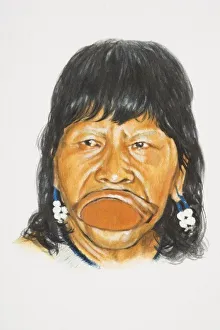 South America, head of lowland Amerindian woman with stretched lips holding traditional South America, head of lowland Amerindian woman with stretched lips holding traditional