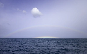 South Georgia, rainbow and cumulus clouds over calm sea, autumn South Georgia, rainbow and cumulus clouds over calm sea, autumn