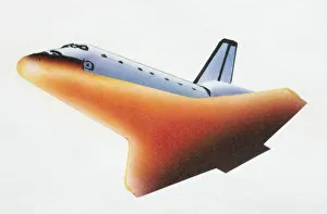 Space shuttle returning Earth through the atmosphere with heat-shield tiles glowing red-hot, low angle view Space shuttle returning Earth through the atmosphere with heat-shield tiles glowing red-hot, low angle view