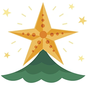 Sparkling yellow star on top of Christmas tree Sparkling yellow star on top of Christmas tree