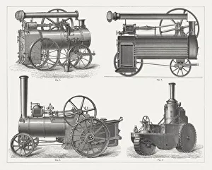 Steam lokomobiles, wood engraving, published in 1877 Steam lokomobiles, wood engraving, published in 1877