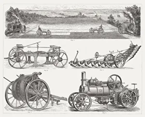Steam ploughing engines, wood engravings, published 1875 Steam ploughing engines, wood engravings, published 1875