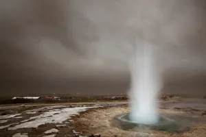 Strokkur, fountain geyser, with volcanic ash cloud, South Iceland, Iceland, Europe Strokkur, fountain geyser, with volcanic ash cloud, South Iceland, Iceland, Europe