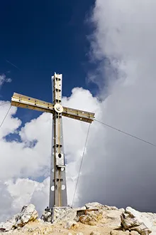 Summit cross on the summit of Sasshongher Mountain above Corvara, Puez Group, Puez Odle Nature Park, Dolomites Summit cross on the summit of Sasshongher Mountain above Corvara, Puez Group, Puez Odle Nature Park, Dolomites
