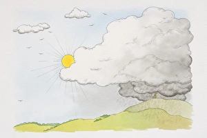 Sun emerging from behind grey cloud from which rain falls over green hillscape, front view Sun emerging from behind grey cloud from which rain falls over green hillscape, front view