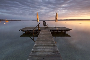 Sunrise, jetty at Lake Starnberg near Seeshaupt, Bavaria, Germany, Europe, PublicGround Sunrise, jetty at Lake Starnberg near Seeshaupt, Bavaria, Germany, Europe, PublicGround
