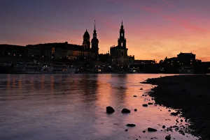 Sunset, seen from the Elbe River with a view towards Castle Church, Dresden, Saxony Sunset, seen from the Elbe River with a view towards Castle Church, Dresden, Saxony