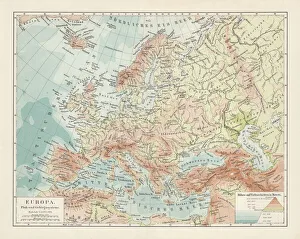 Topographic map of Europe, lithograph, published in 1897 Topographic map of Europe, lithograph, published in 1897