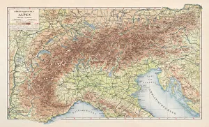 Topographic map of the European Alps, lithograph, published in 1897 Topographic map of the European Alps, lithograph, published in 1897