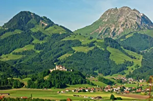 Town of Gruyeres with Gruyeres Castle, Gruyere District, Switzerland Town of Gruyeres with Gruyeres Castle, Gruyere District, Switzerland