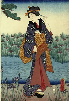 Traditional Japanese Woodblock female by pond Traditional Japanese Woodblock female by pond