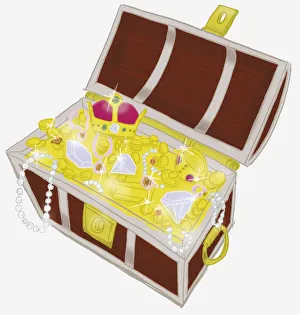 Treasure chest containing gold coins, pearl necklaces, diamonds, drinking vessel and crown Treasure chest containing gold coins, pearl necklaces, diamonds, drinking vessel and crown