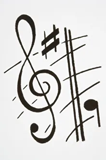 Treble clef, sharp sign and musical note on stave, close up Treble clef, sharp sign and musical note on stave, close up