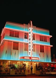 Art Deco Collection: USA, Florida, Miami Beach, Art Deco Hotel illuminated at night