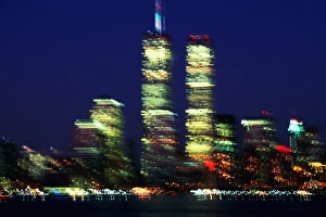 USA, New York City, skyline with World Trade Center, night (blurred) USA, New York City, skyline with World Trade Center, night (blurred)