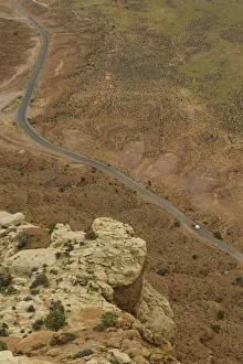 USA, Utah, SUV with trailer on desert highway, elevated view USA, Utah, SUV with trailer on desert highway, elevated view