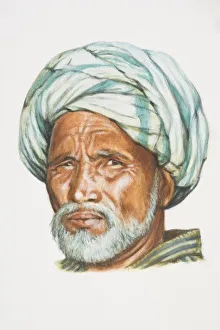 Uzbekistan, head of Uzbek man with white beard and moustache, wearing headscarf Uzbekistan, head of Uzbek man with white beard and moustache, wearing headscarf