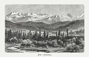 Valley of Pau, Pyrenees, France, wood engraving, published in 1897 Valley of Pau, Pyrenees, France, wood engraving, published in 1897