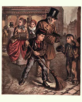 Victorian London boys begging and sweeping street, 1870 Victorian London boys begging and sweeping street, 1870