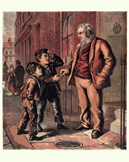Victorian London orphan boy begging on the street, 1870 Victorian London orphan boy begging on the street, 1870