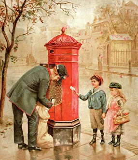 Images Dated 1st September 2015: Victorian Postman and Children Posting a Letter 1895