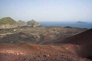 View from the Eldfell crater, Heimaey Island, Vestmannaeyjar or Westman Islands, south Iceland or Suourland, Iceland View from the Eldfell crater, Heimaey Island, Vestmannaeyjar or Westman Islands, south Iceland or Suourland, Iceland