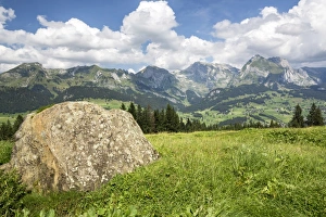 View from Klangweg or Sound Trail on Toggenburg Mountain towards the Alpstein Mountains with Saentis Mountain, Wildhaus View from Klangweg or Sound Trail on Toggenburg Mountain towards the Alpstein Mountains with Saentis Mountain, Wildhaus