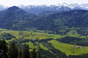 View from Mt Hirschkopfhoernl to Jachenau, Toelzer Land region, Isarwinkel region, Upper Bavaria, Bavaria, Germany View from Mt Hirschkopfhoernl to Jachenau, Toelzer Land region, Isarwinkel region, Upper Bavaria, Bavaria, Germany