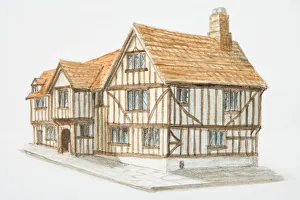 View down two sides of large half-timbered house View down two sides of large half-timbered house
