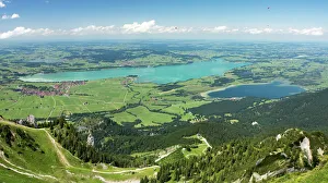 View from Tegelberg Mountain towards Lake Forggensee and Lake Bannwaldsee in Allgaeu, Bavaria, Germany, Europe View from Tegelberg Mountain towards Lake Forggensee and Lake Bannwaldsee in Allgaeu, Bavaria, Germany, Europe