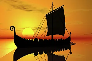 Viking ship, sunset, silhouette, 3D graphics Viking ship, sunset, silhouette, 3D graphics