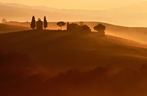 Vitaleta chapel in foggy mist at sunrise, Val D'Orcia Siena Vitaleta chapel in foggy mist at sunrise, Val D'Orcia Siena