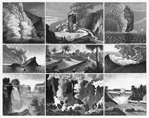 Volcanoes, Geysers and Water Falls Engraving Volcanoes, Geysers and Water Falls Engraving
