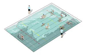 Water polo players in swimming pool, referees on either side Water polo players in swimming pool, referees on either side