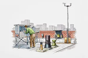 Weather station on rooftop, man checking equipment Weather station on rooftop, man checking equipment