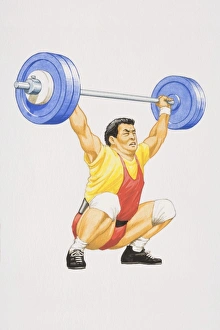 Weight lifter crouching with bended knees struggling to lift weight over his head Weight lifter crouching with bended knees struggling to lift weight over his head