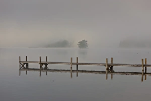 Wharf in the fog on Lake Staffelsee with the island of Woerth near Seehausen, Murnau, Upper Bavaria, Bavaria, Germany Wharf in the fog on Lake Staffelsee with the island of Woerth near Seehausen, Murnau, Upper Bavaria, Bavaria, Germany