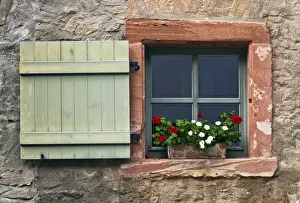 European Floral Decoration Prints: Window with shutters and geraniums, Eberbach, Hesse, Germany, Europe