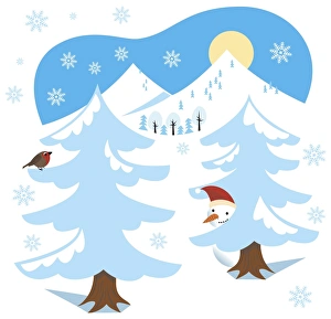 Winter scene, fir trees covered with snow, snowman peeking out behind tree Winter scene, fir trees covered with snow, snowman peeking out behind tree