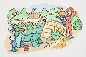 Woman and child throwing food to green dinosaur being groomed within walled area of Woman and child throwing food to green dinosaur being groomed within walled area of
