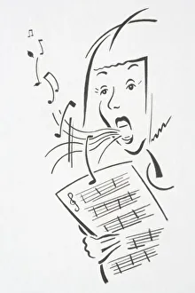 Woman holding staved sheets for musical notation singing with notes flying out of her Woman holding staved sheets for musical notation singing with notes flying out of her