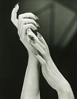 Woman raising hands (Close-up of hands), (B&W) Woman raising hands (Close-up of hands), (B&W)