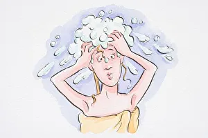 Woman washing her hair, with a towel wrapped around her body Woman washing her hair, with a towel wrapped around her body