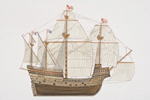 Wooden ship with multiple sails and flags flying on masts Wooden ship with multiple sails and flags flying on masts