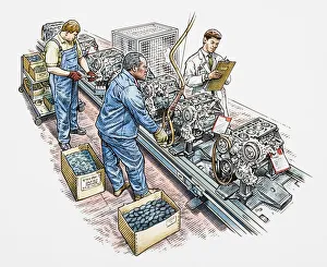 Workers assembling parts on a production line, supervisor taking notes on clipboard Workers assembling parts on a production line, supervisor taking notes on clipboard