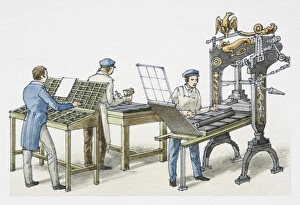 Workers printing using large metal presses, front view Workers printing using large metal presses, front view