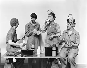 Four World War 2 Women Taking A Lunch Break All Wearing Coveralls & 2 Wearing Raised Face Four World War 2 Women Taking A Lunch Break All Wearing Coveralls & 2 Wearing Raised Face