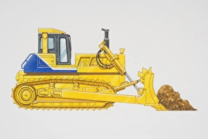 Yellow bulldozer shovelling earth, side view Yellow bulldozer shovelling earth, side view