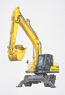 Yellow excavator picking up earth with its long arm Yellow excavator picking up earth with its long arm